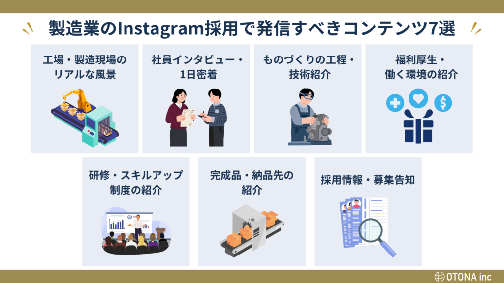 製造業のInstagram採用で発信すべきコンテンツ7選を紹介するセクション見出し画像